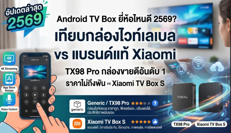 Android TV Box ยี่ห้อไหนดี 2569? เทียบกล่องไวท์เลเบลราคาถูก vs แบรนด์แท้ Xiaomi